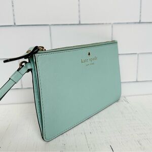 [SOLD] Kate Spade Light Blue Leather Wristlet With Polka Dot Lining